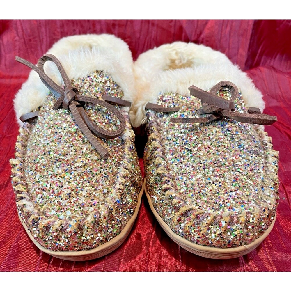 Womens J.Crew Glitter Faux-Shearling House Slippers Moccasins sz 8 - Picture 5 of 8